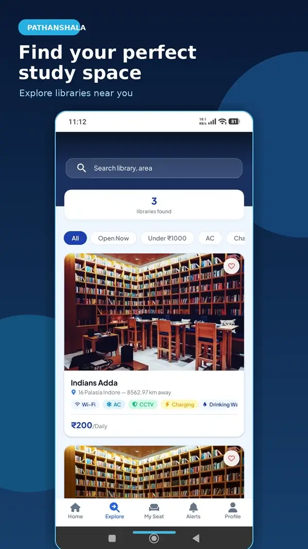 Pathanshala app library search and filters screen